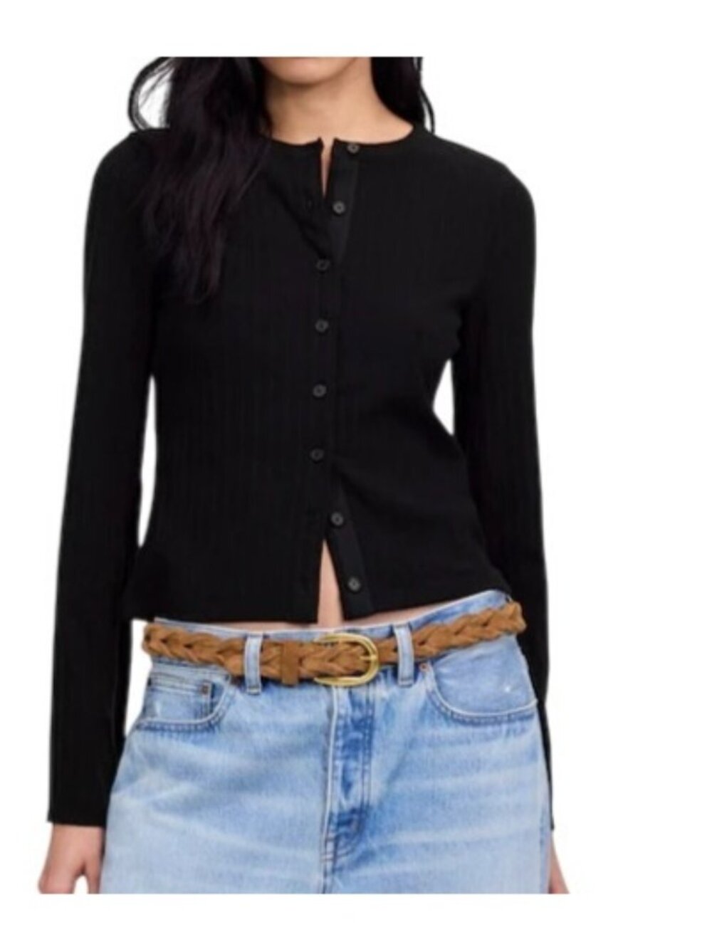 Madewell Micro-Rib Crewneck Cardigan~Size Small~True Black Sweater NWT L17 32